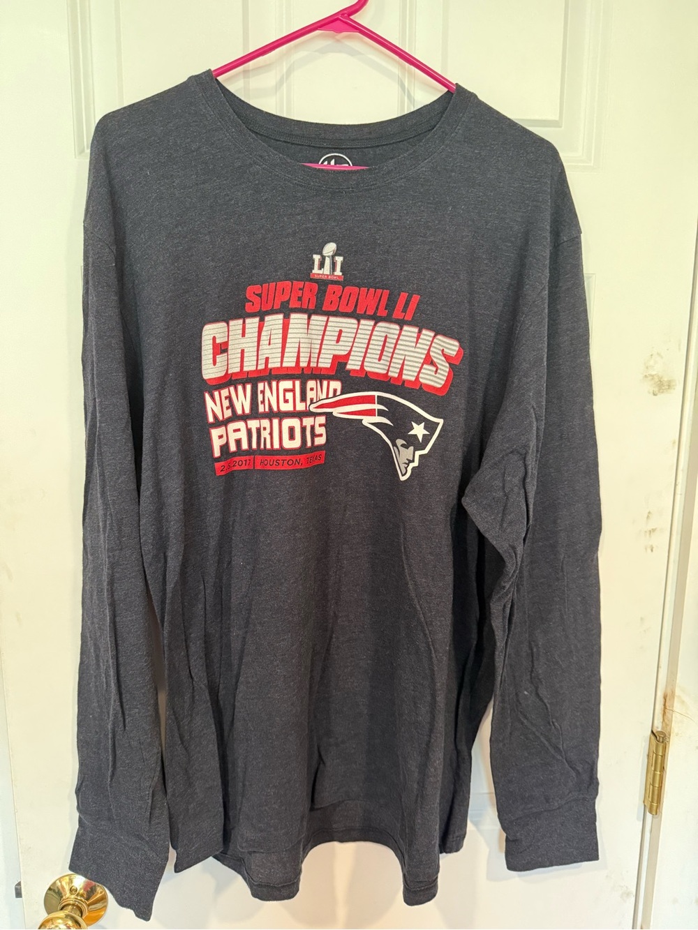 47 Brand Navy Long Sleeve Super Bowl LI Champions Tee with Red & White Graphics